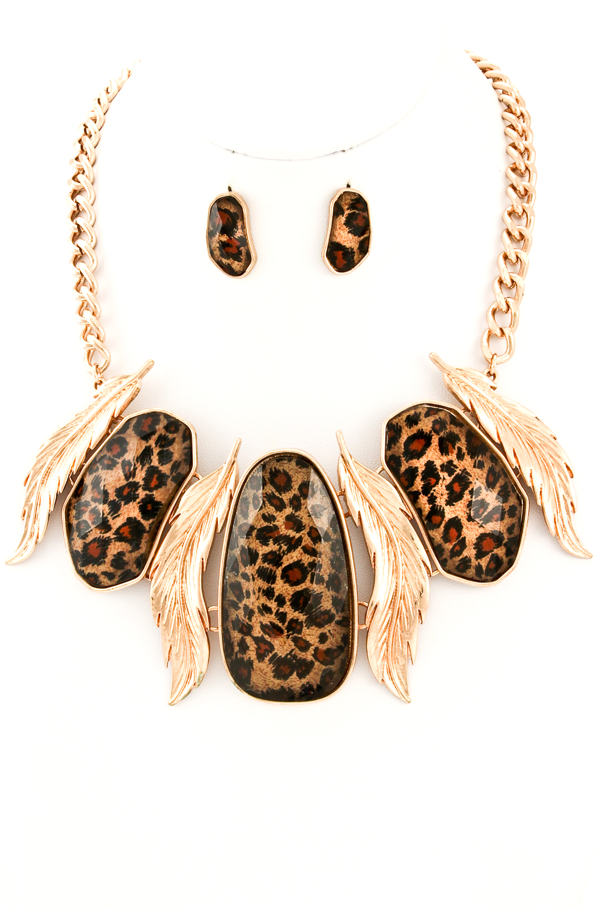 Leopard Print Acrylic Jewel Metal Leaf Pendant Necklace Necklaces