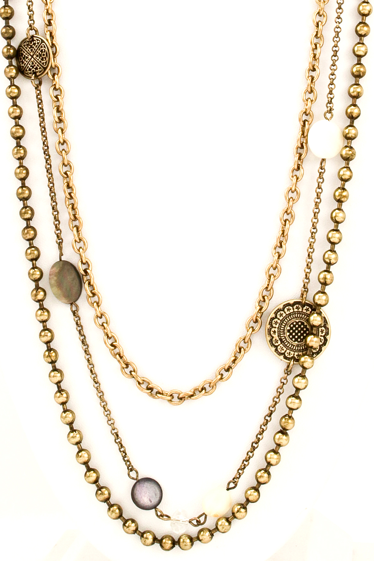 Antique Textured Disc Pearl Charm Three Layer Long Necklace Necklaces