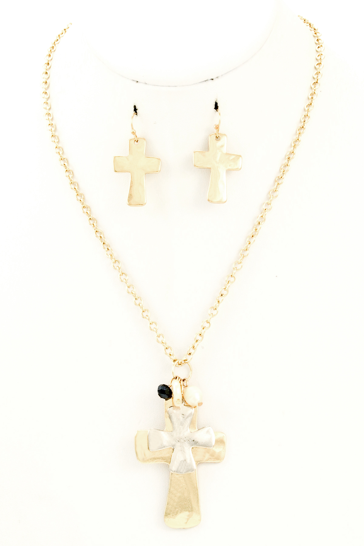 Double Cross Pendant Fresh Water Pearl Charm Necklace Set Necklaces