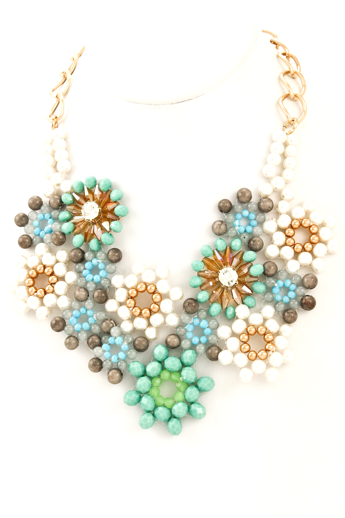 Beaded Flower Detailed Bib Necklace Necklaces