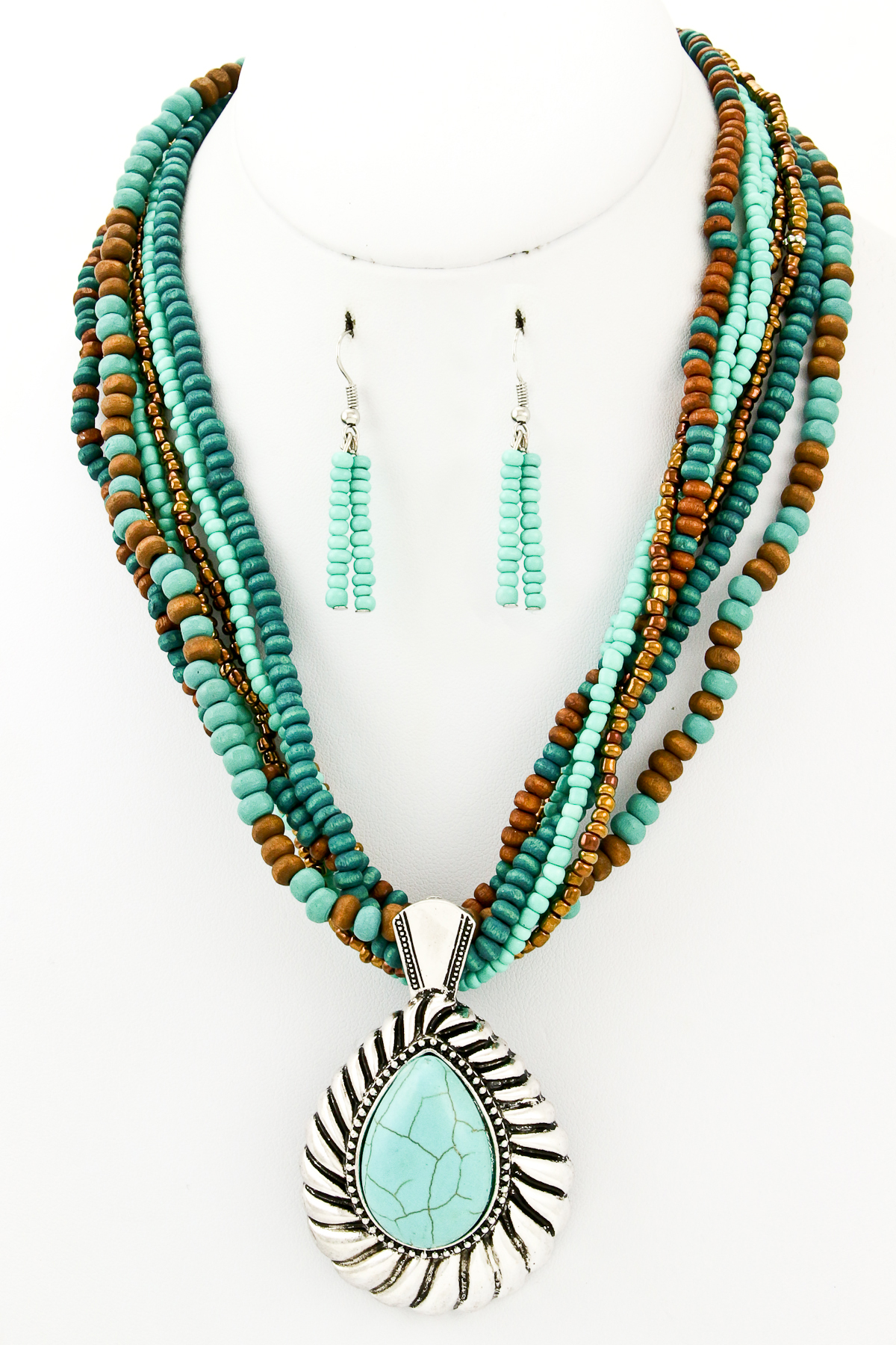 Beaded Multi Strand Stone Pendant Necklace Set Necklaces