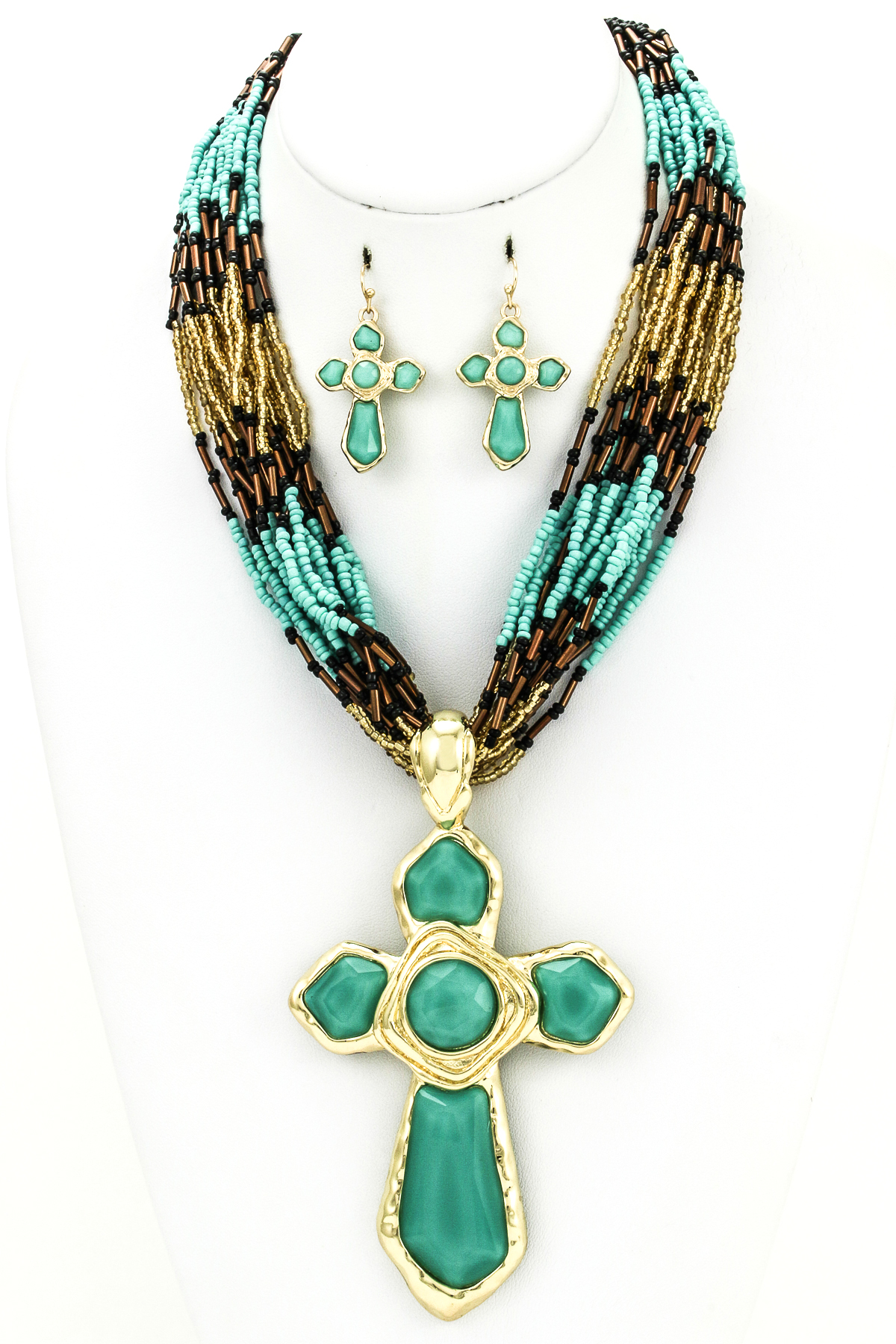 Seed Bead Cross Pendant Necklace Set Necklaces