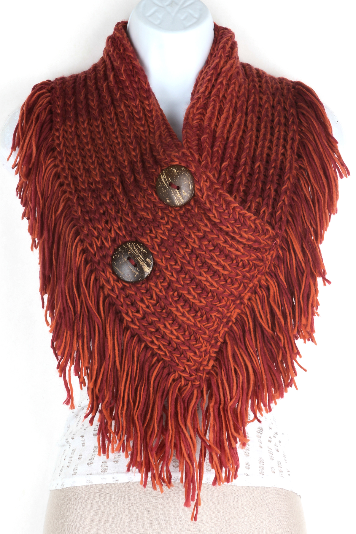 Knitted Button Infinity Fringe Scarf Scarves