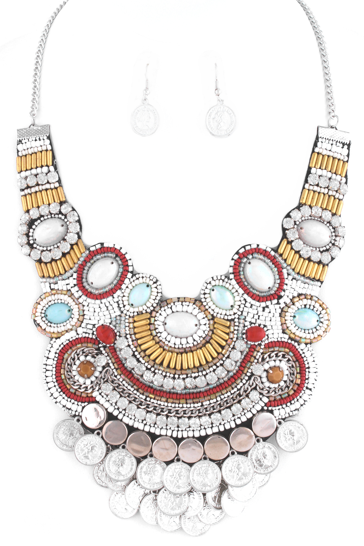 Seed Bead Coin Bib Necklace Set Necklaces