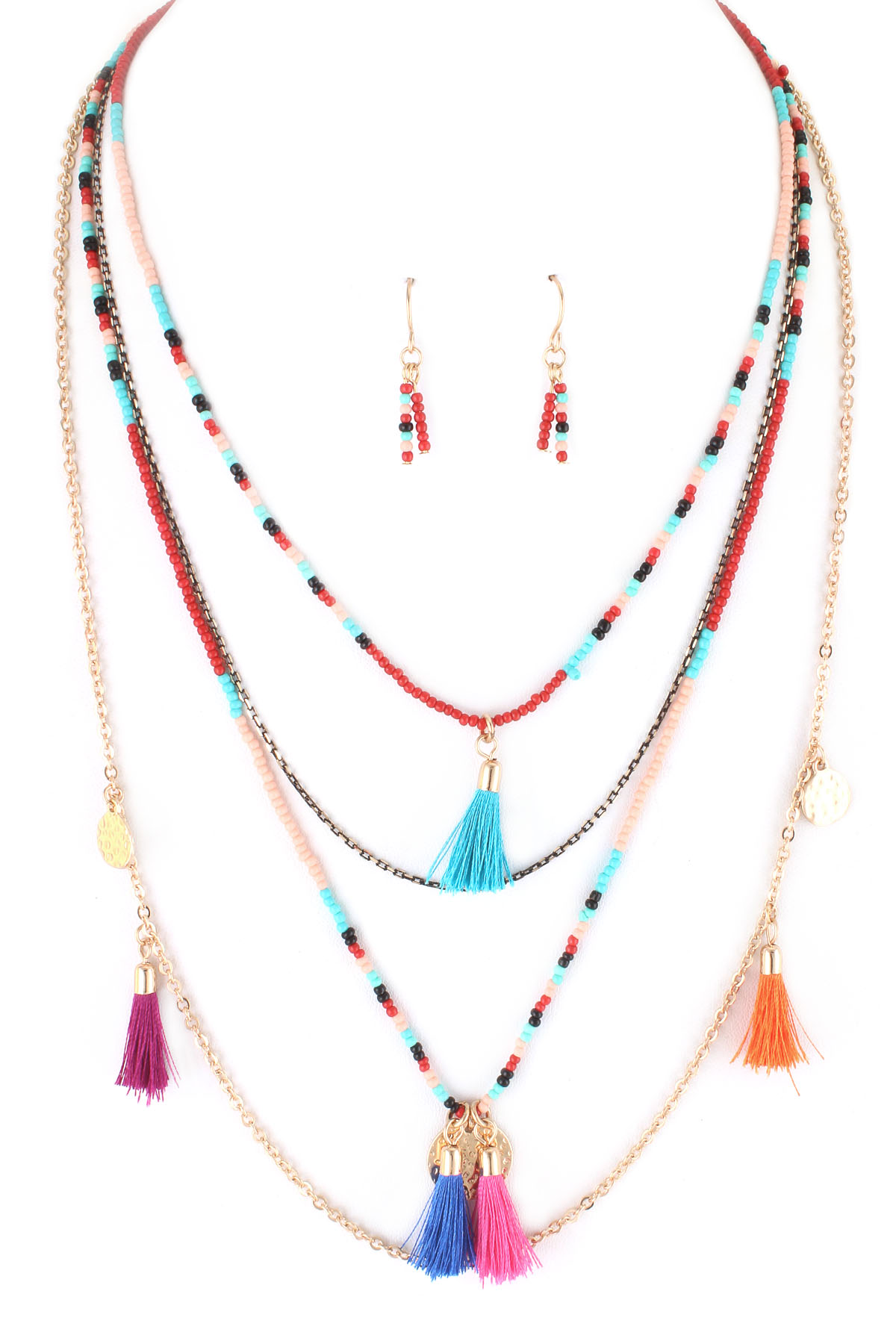 Layered Seed Bead Multi Tassel Necklace Set Necklaces