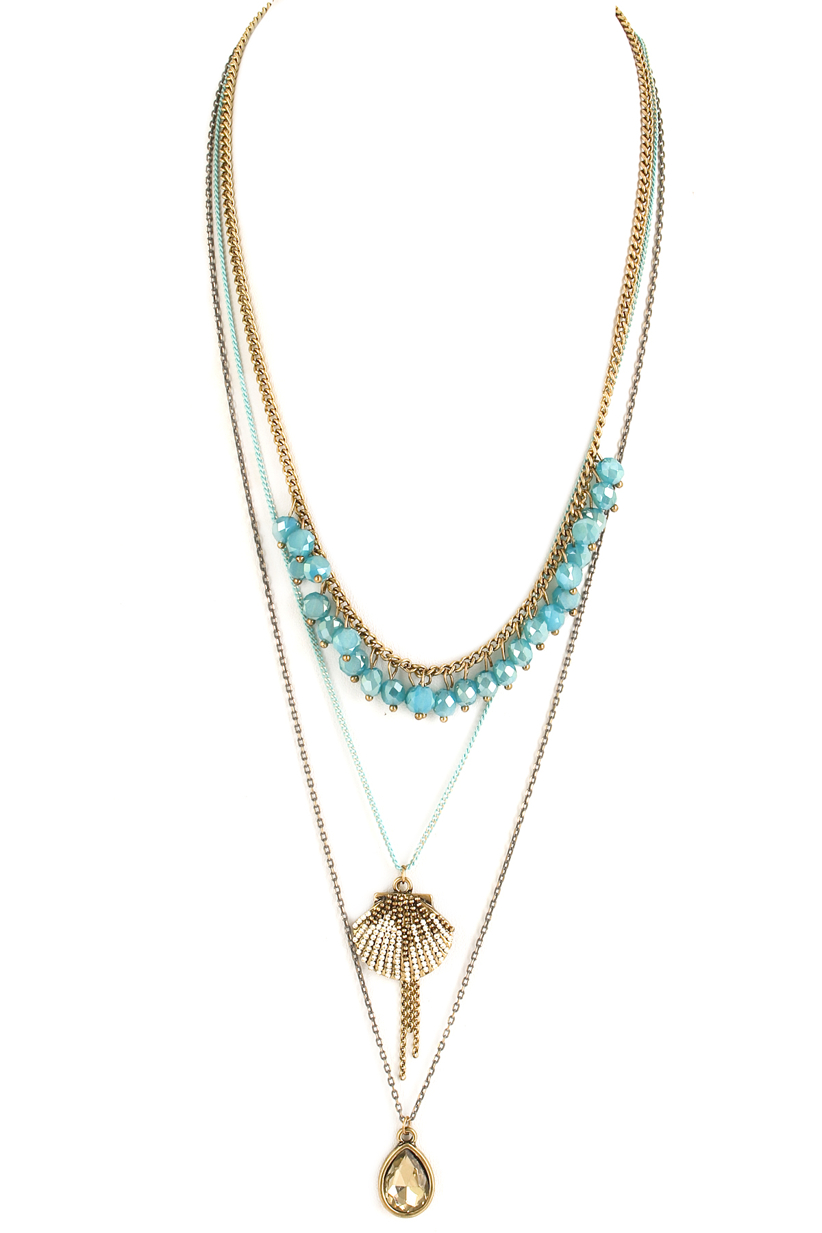 Triple Layered Glass Bead Shell Necklace Necklaces