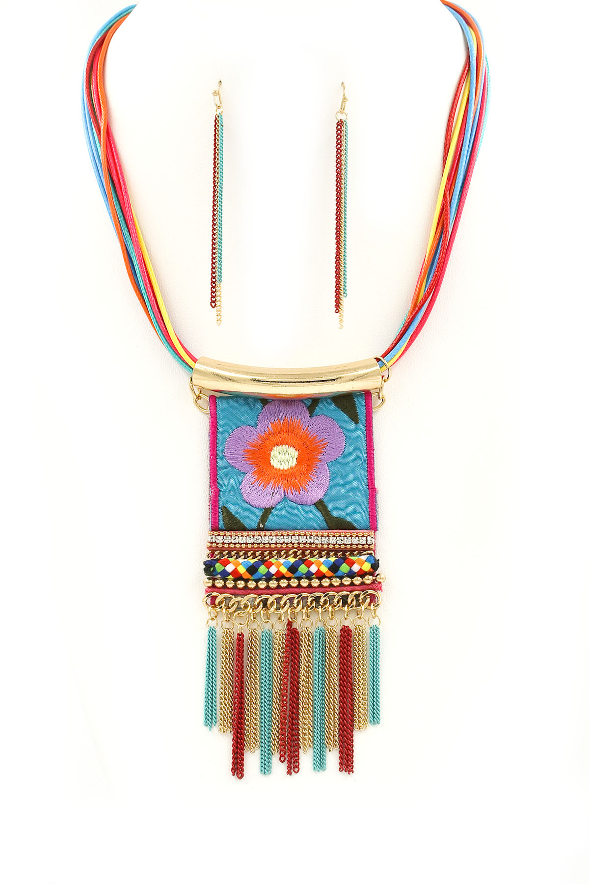 Floral Printed Fabric Pendant Necklace Set Necklaces