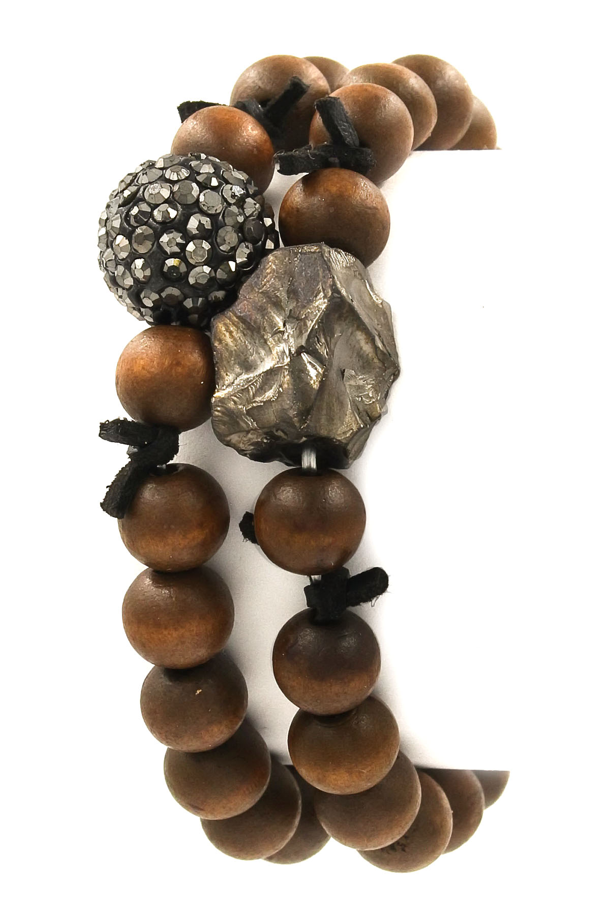 Pave Ball Faceted/Wood Bead Bracelet Set Bracelets