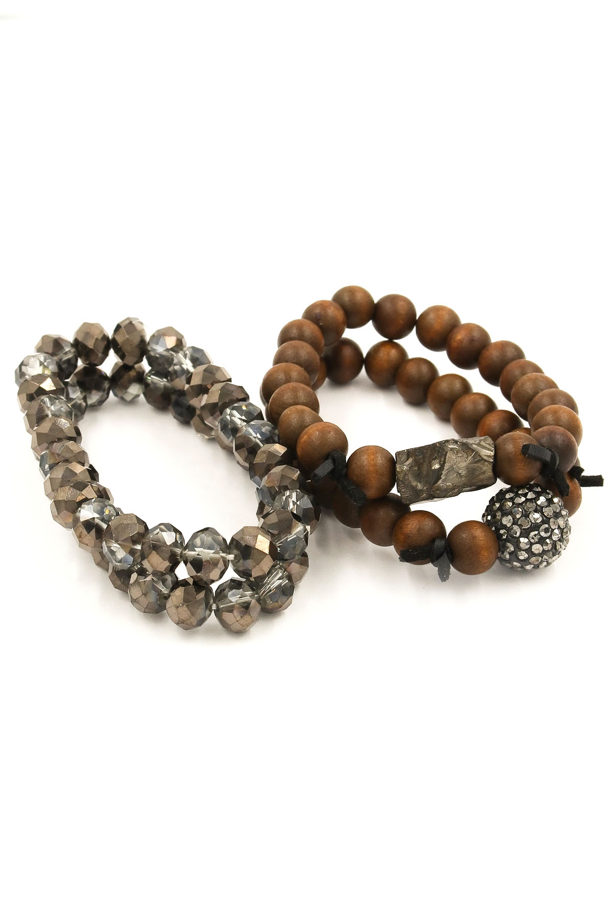 Pave Ball Faceted/Wood Bead Bracelet Set Bracelets