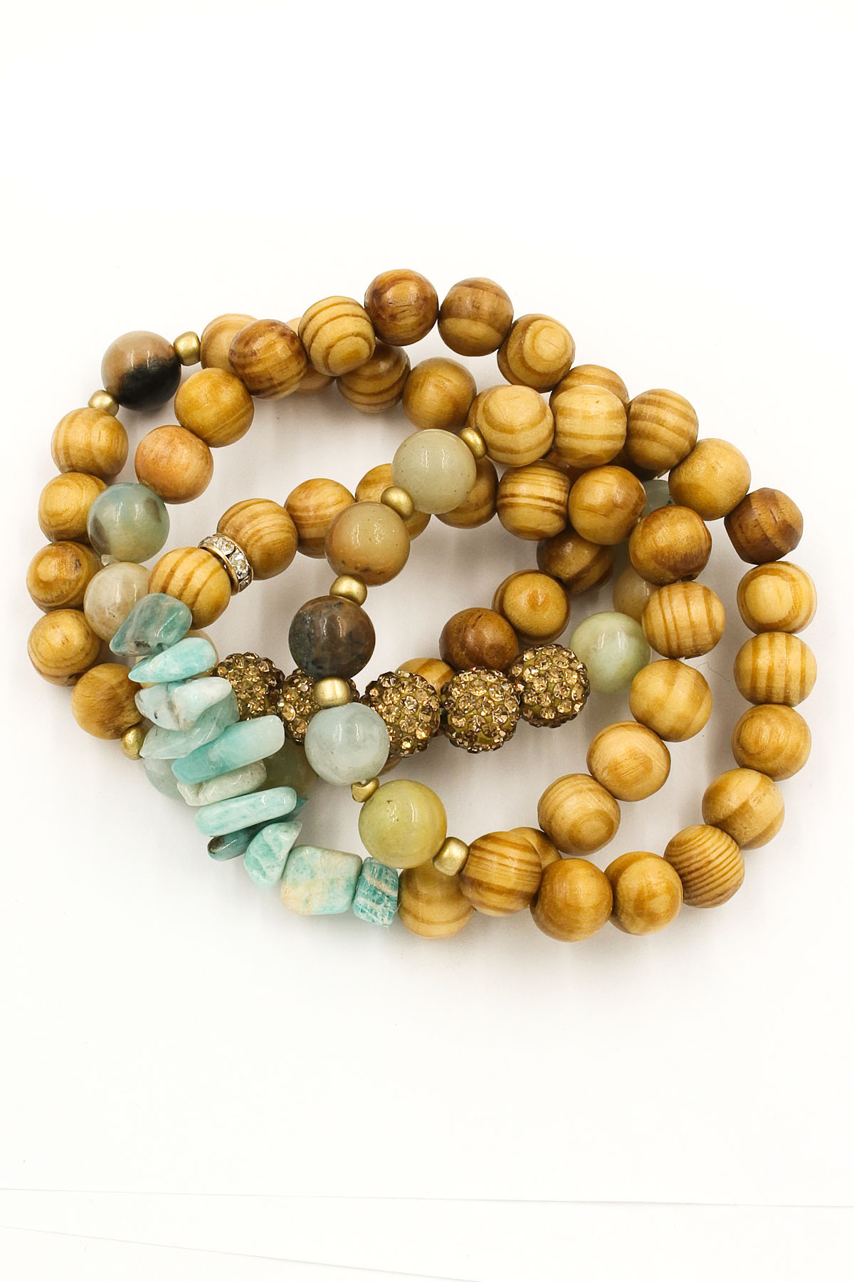 Wood Bead/Pave Ball Stretch Bracelet Set Bracelets