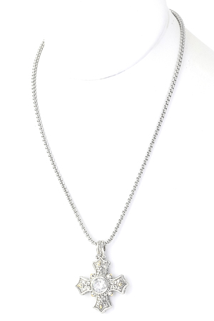 Rhodium Plated Medieval Cross Pendant Necklace