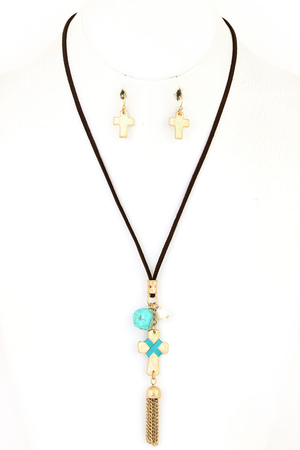 Semi Precious Stone Tassel Cross Necklace Set