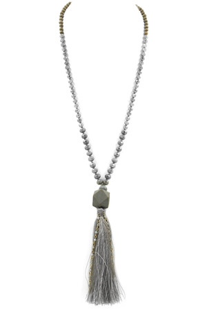 Faceted/Wood Bead Cotton Tassel Necklace