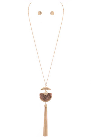 Metal/Stone Circle Pendant Tassel Necklace Set