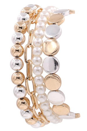 Metal Cream Pearl Stretch Bracelet Set