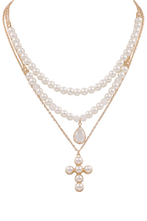 Metal Layered Cream Pearl Cross Necklace