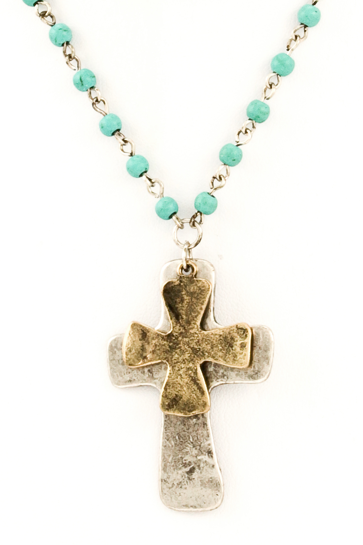 Beaded Metal Cross Pendant Necklace Set - Necklaces