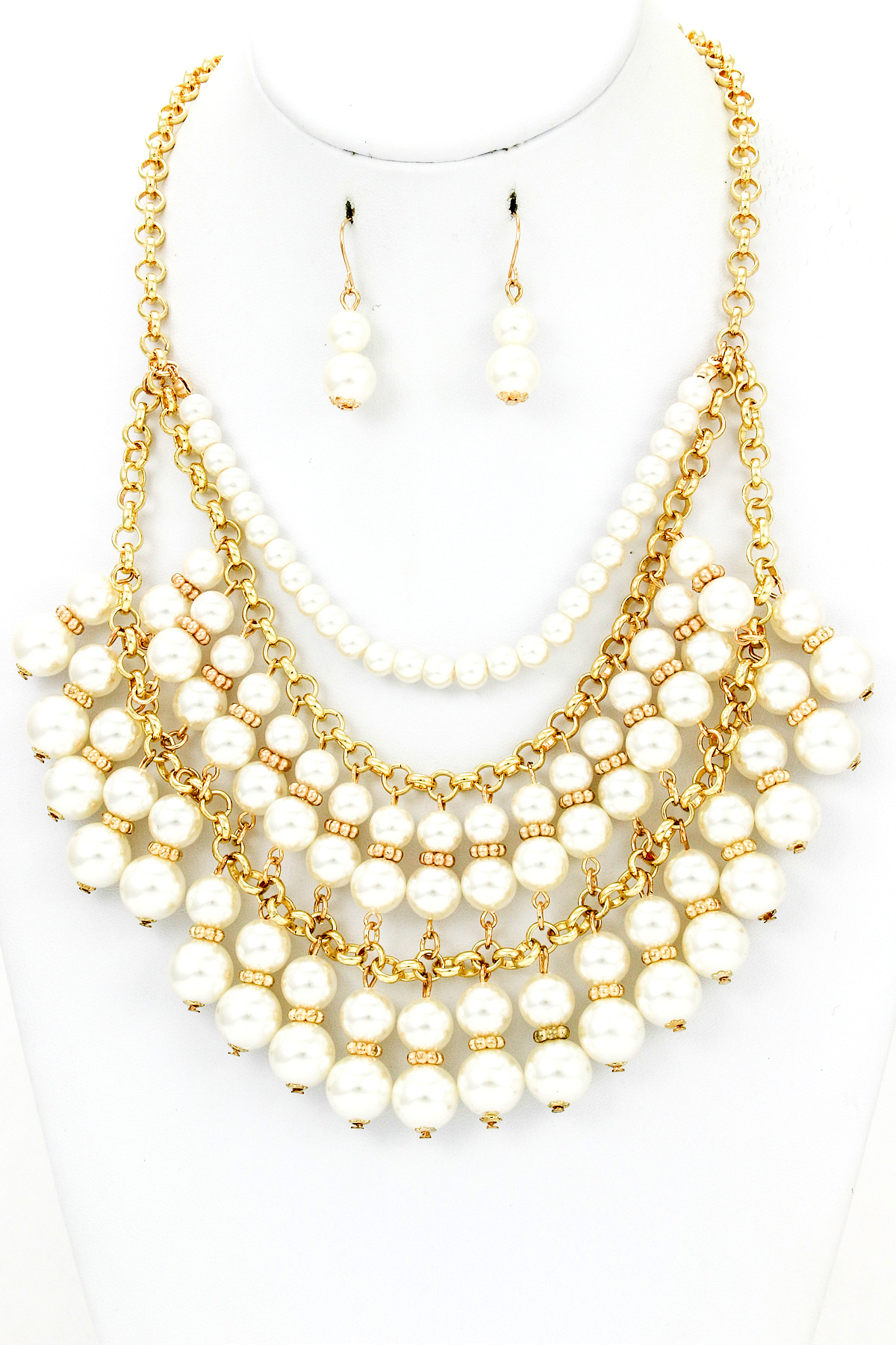 Cascading Pearl Bib Necklace Set - Necklaces