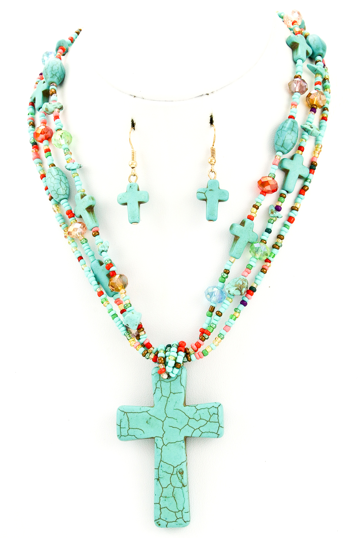 Stone Cross Seed Bead Necklace Set - Necklaces