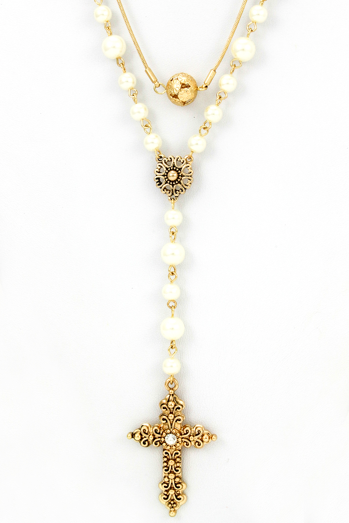 Filigree Cross Rosary Style Necklace Set - Necklaces