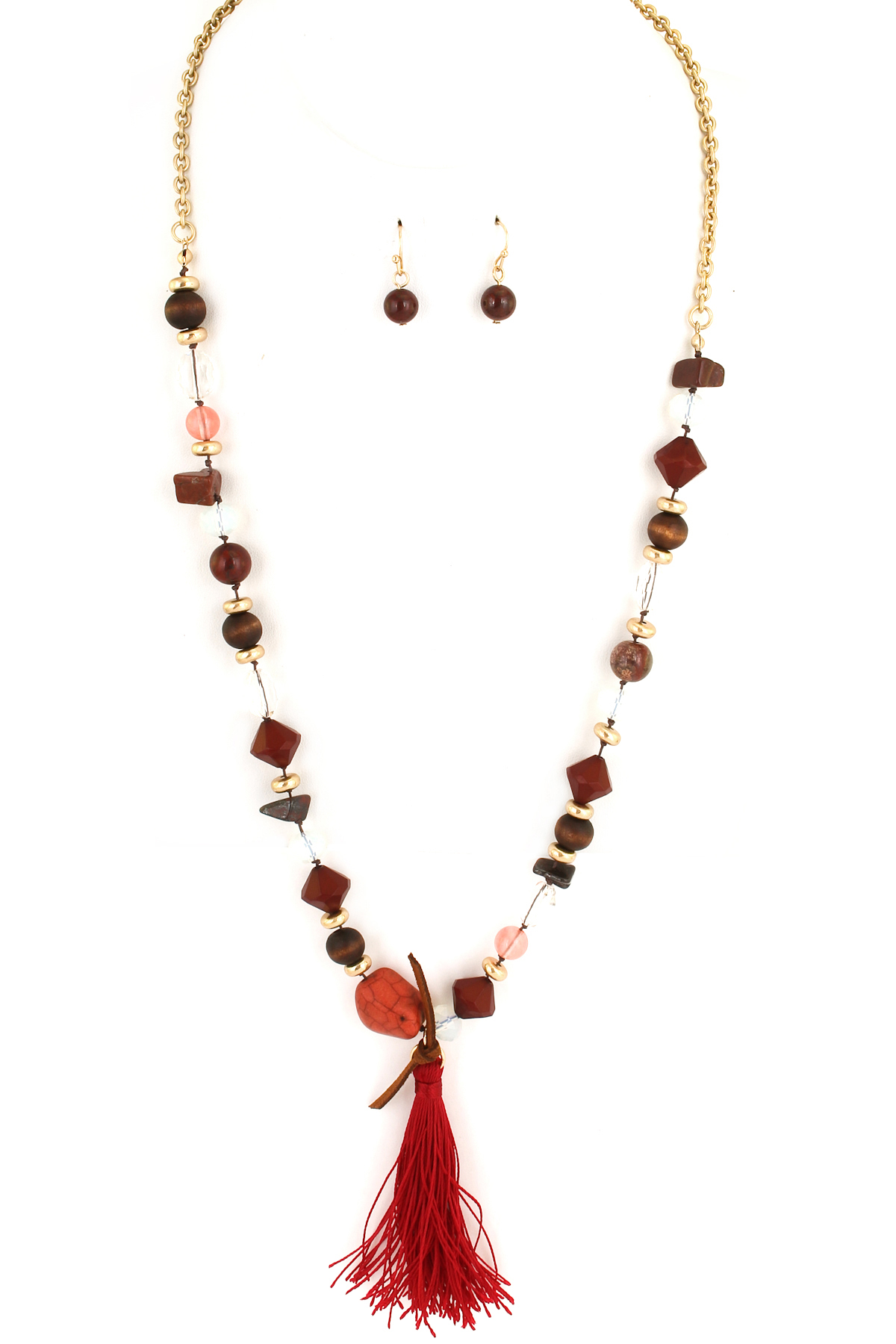 Semi Precious Stone Wood Bead Tel Necklace Set Necklaces Semi Precious Stone Wood Bead Tel Necklace Set