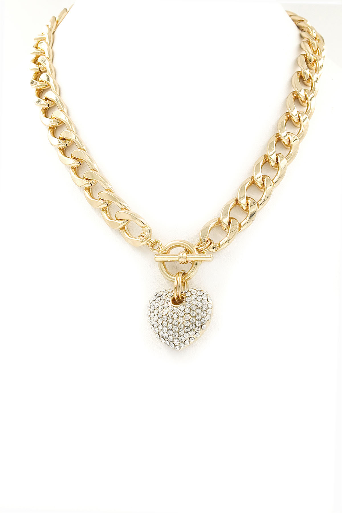Rhinestone/Heart Cutout Pendant Toggle Necklace - Necklaces