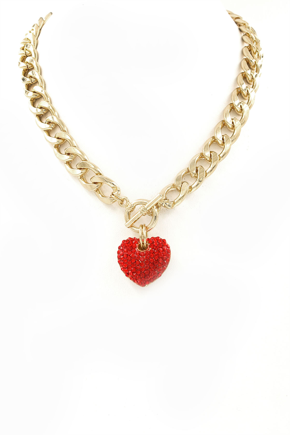 Rhinestone/Heart Cutout Pendant Toggle Necklace - Necklaces