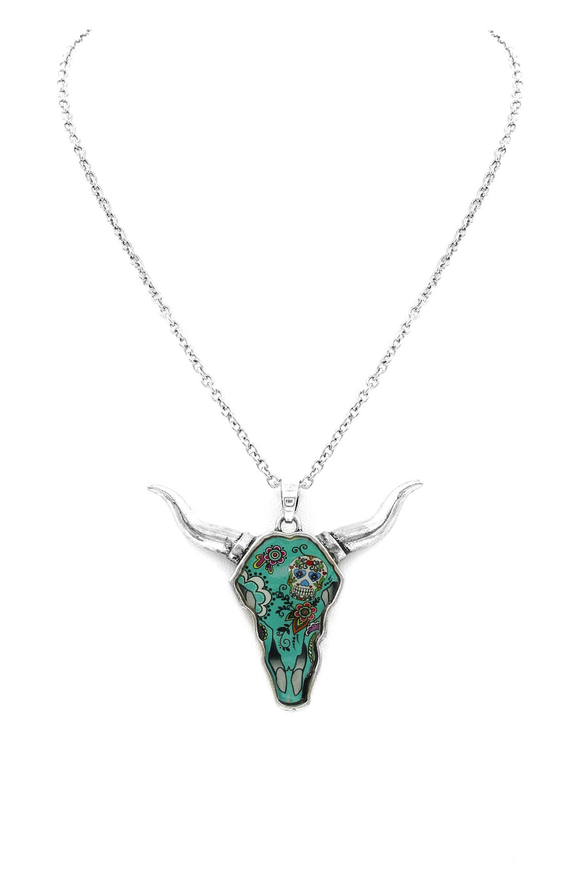 SILVER OX-TURQUOISE Skull Ox Pendant Necklace - Necklaces