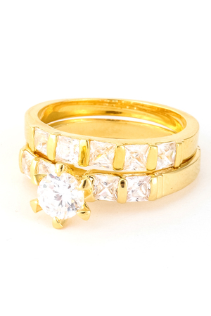 Crystal Stone with Crystal Studded Metal Wedding Ring Set