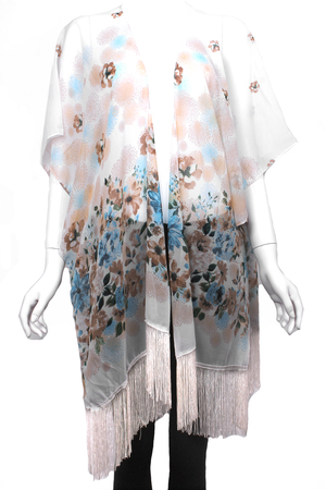 Woven Floral Print Fringe Poncho