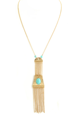 Semi Precious Stone Plate Tassel Necklace