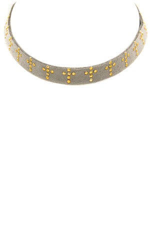 Faux Suede Cross Stud Choker Necklace