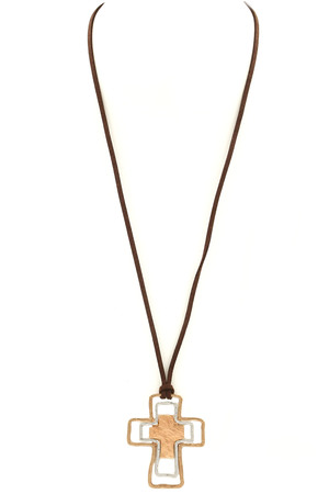 Layered Metal Cross Pendant Pull-Tie Necklace
