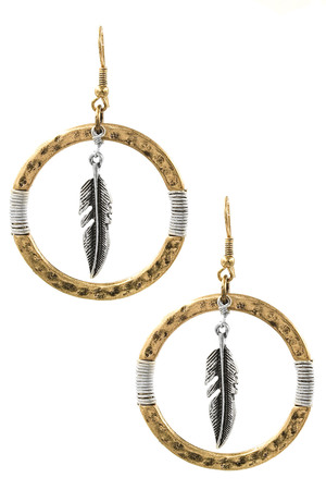 Metal Ring Feather Charm Earrings
