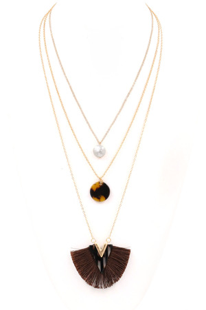 Pearl/Acetate Circle/Triangle Pendant Fringe Necklace