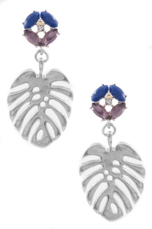 Glass Jewel Metal Leaf Drop Earrings