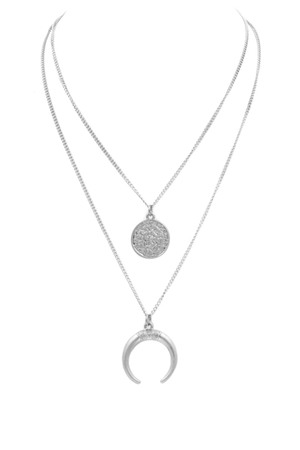 Layered Coin Disc Crescent Pendant Necklace