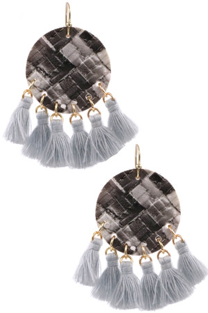 Faux Leather Circle Cotton Tassel Drop Earrings