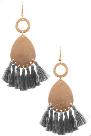 Metal Teardrop Cotton Tassel Drop Earrings