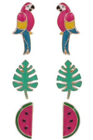 Enamel Parrot, Philodendron, Watermelon Earring Set