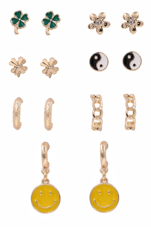 Metal Clover Smiley Earrings Set