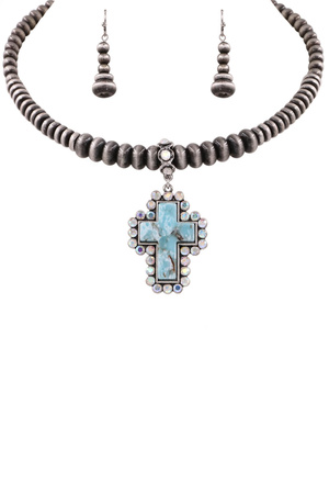 Stone Cross Pendant Wire Necklace Set