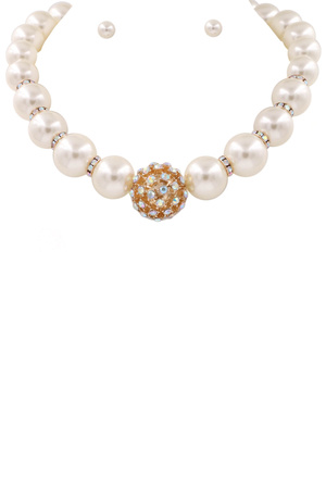 Metal Rhinestone Cream Pearl Necklace