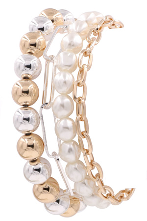 Metal Bead Cream Pearl Stretch Bracelet Set