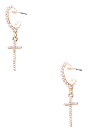 Cross Pearl  Charm Hoop Earrings