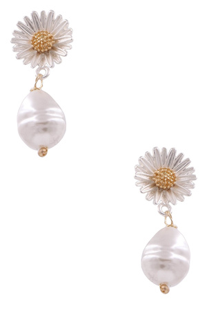 Metal Sunflower Cream Pearl Earrings