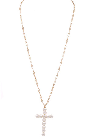 Cream Pearl Cross Pendant Long Necklace
