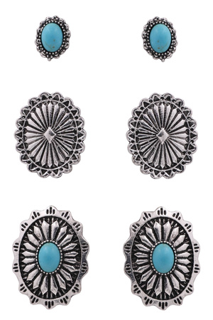 Metal Western Turquoise Oval Earrings Set