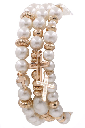 Metal Cream Pearl Cross Bracelet Set