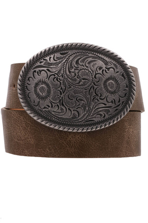 Flower Embossed Oval Buckle Vintage Strap Belt